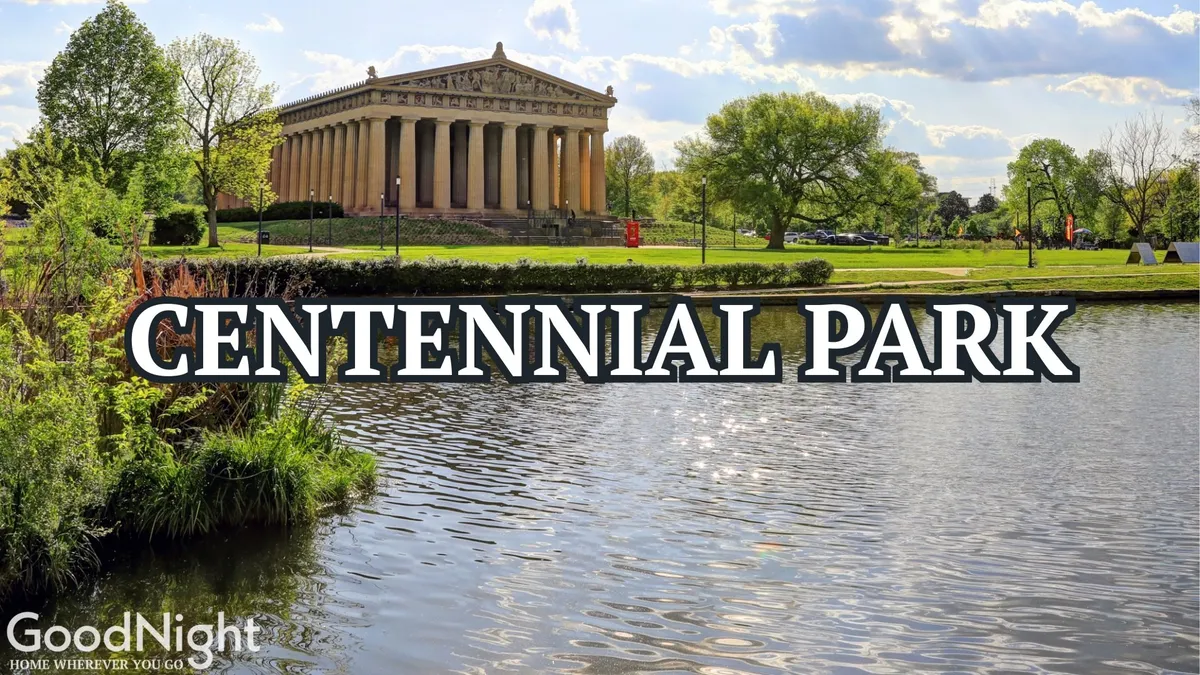 This image features the iconic Parthenon replica set within the lush greenery of Centennial Park. The reflective water surface in the foreground and people strolling or enjoying picnics create a serene, inviting atmosphere. The vibrant landscape and neoclassical architecture immediately evoke Nashville's unique blend of history and outdoor spaces.