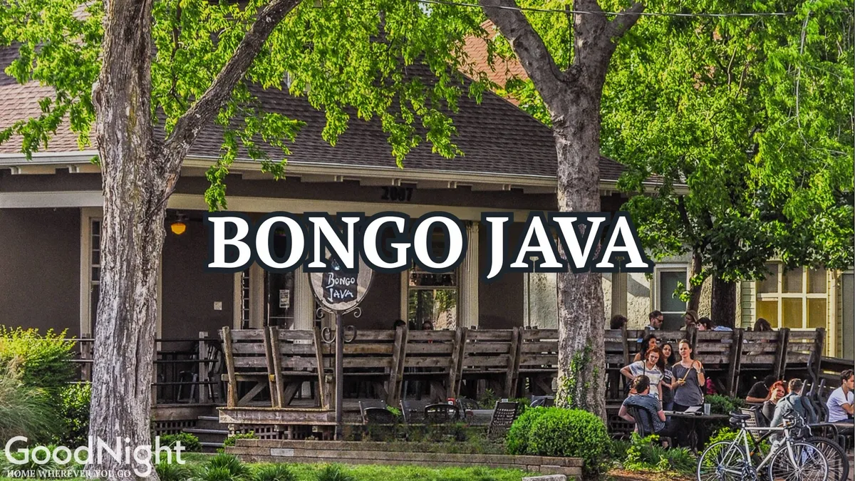 People socialize and unwind at outdoor seating in front of Bongo Java, a well-known Nashville coffee spot, with bicycles and greenery adding to the friendly neighborhood vibe. The scene shines with casual, cheerful energy perfect for group meetups or pre-outing gatherings.