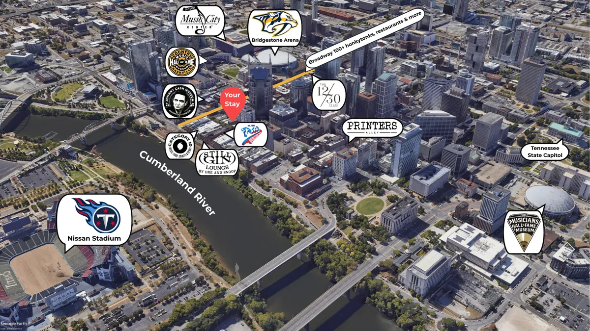 A panoramic view of downtown Nashville, showcasing the Cumberland River, Bridgestone Arena, Nissan Stadium, and clusters of lively restaurants and bars. The energetic cityscape sets the stage for exploration and adventure.